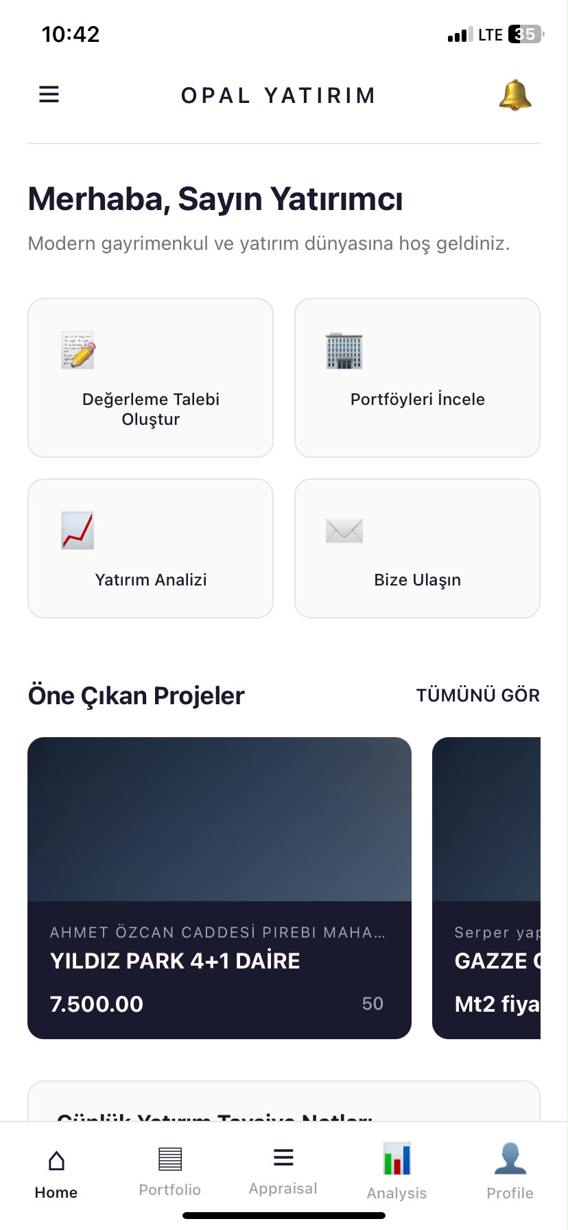 OPAL Yatırım Uygulaması Ana Ekran